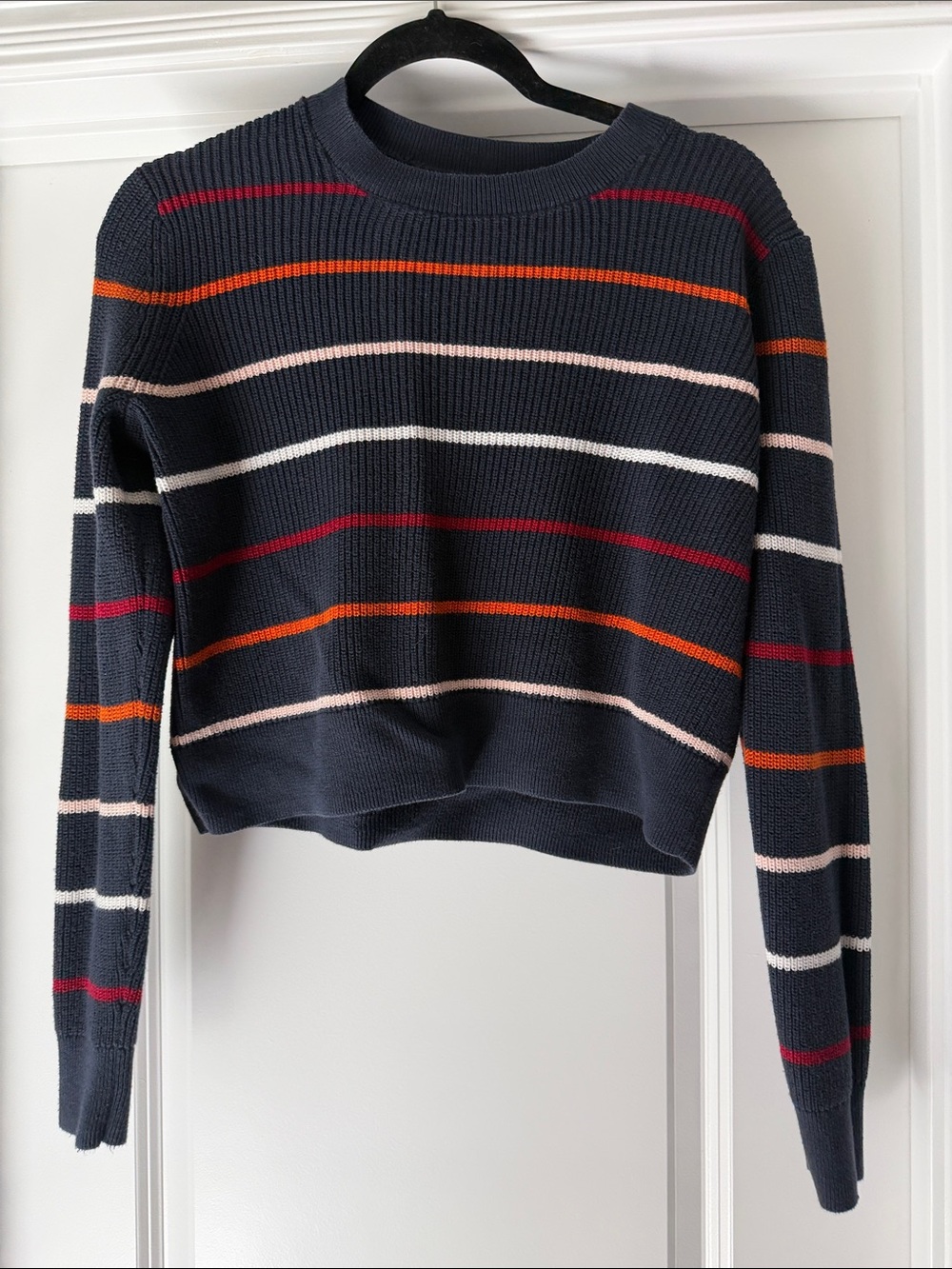 Banana Republic Navy Striped Crewneck Sweater with Red, Orange & Pink Accents
